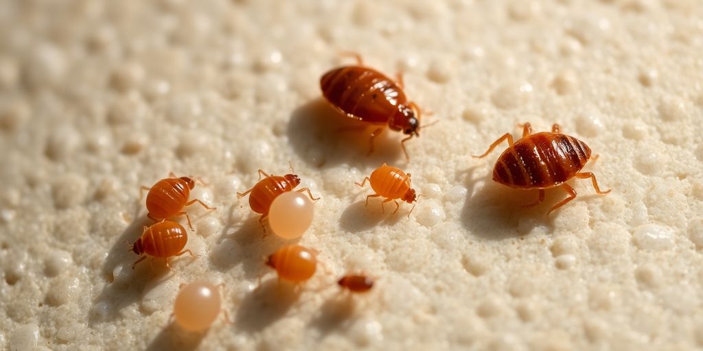 Close-up of bed bug eggs and nymphs on surface.