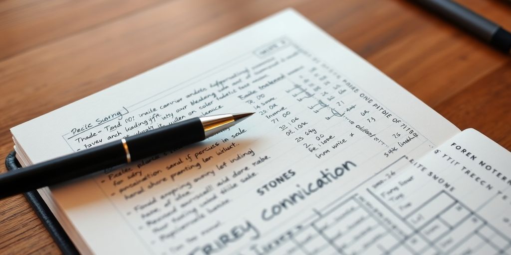 Close-up of a Forex trading journal and pen.
