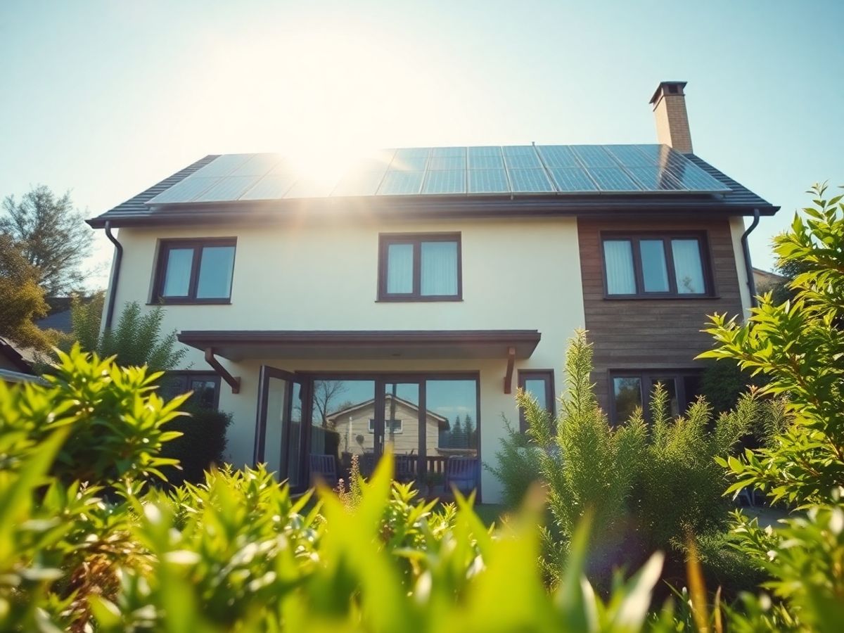 Casă modernă verde cu panouri solare și grădină luxuriantă.