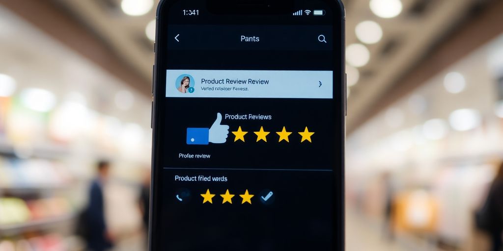 Smartphone showing product reviews with star ratings.