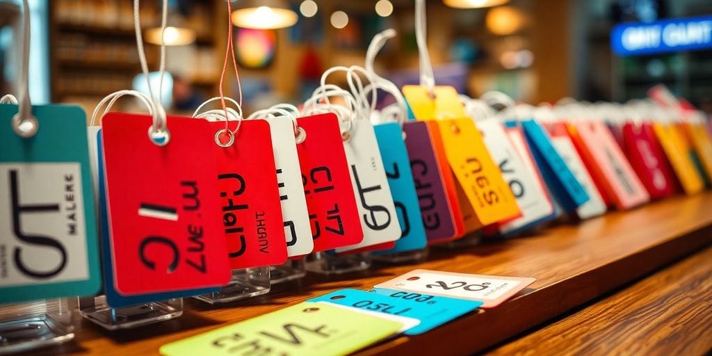 Verschiedene Preisschilder auf einem Tisch.