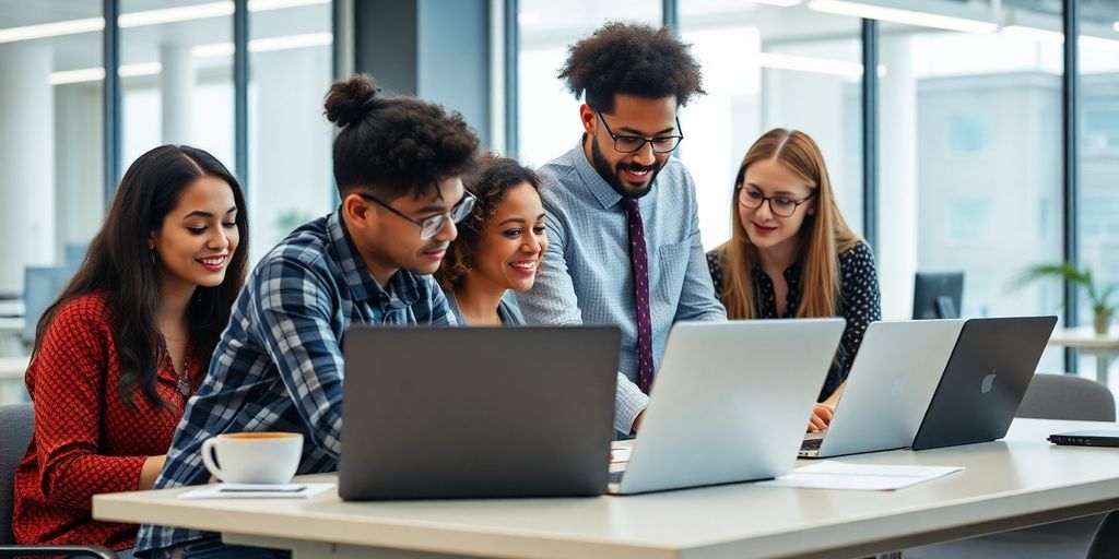 Diverse analytical team collaborating around data.