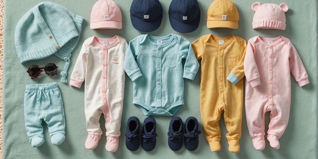 Assorted baby clothes on a pastel blanket