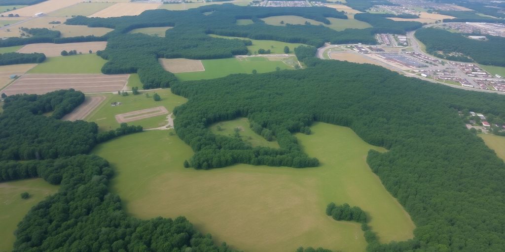 Aerial view of diverse Arkansas landscape with fields and woods.