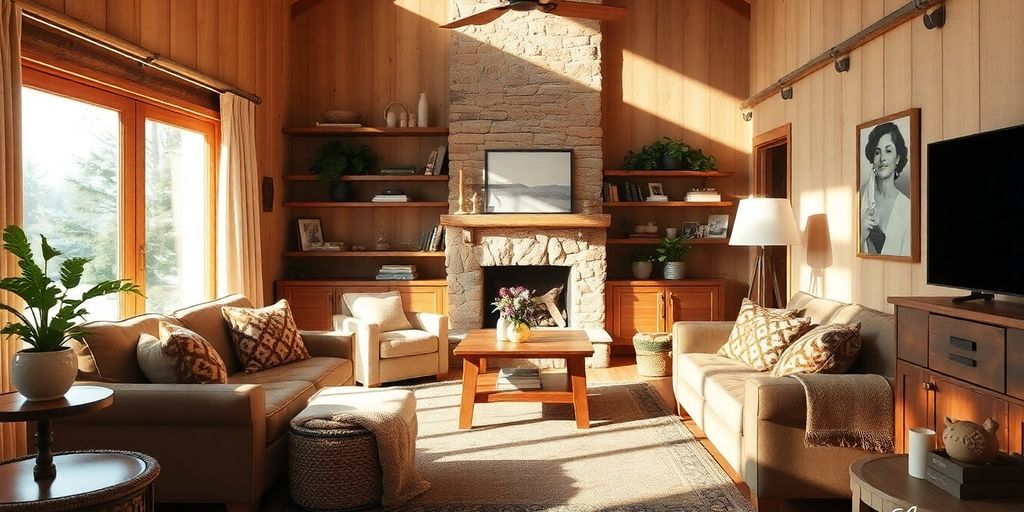 Cozy living room with wooden beams and rustic furniture.