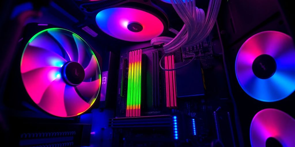 Nahaufnahme eines Gaming-PCs mit leuchtenden Komponenten