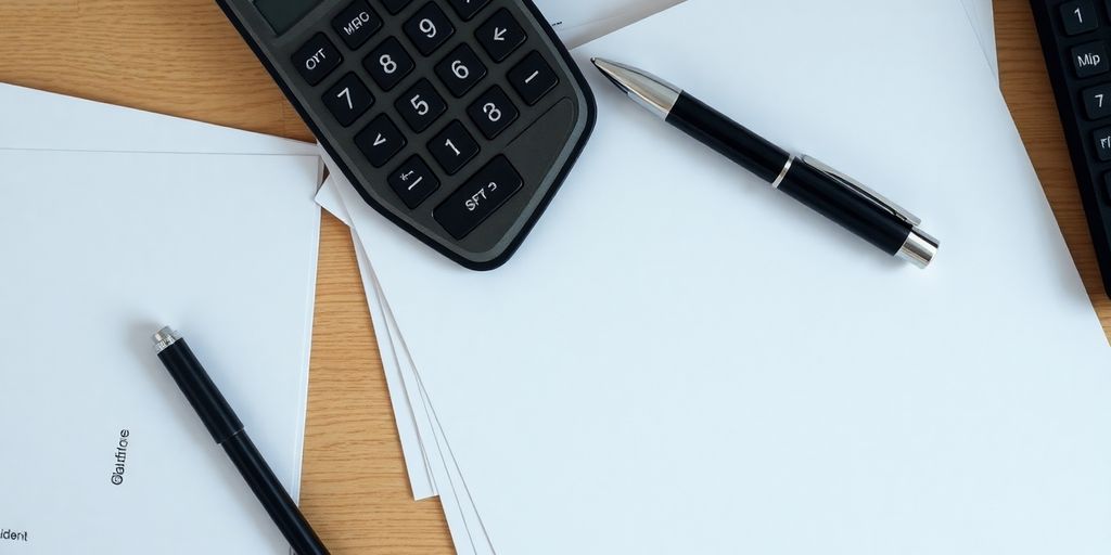 Calculator, invoices, and pen on a desk.