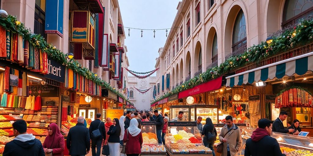 Colorful Dubai market with shoppers and festive decorations.