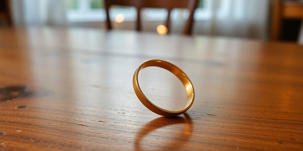 Deux alliances entrelacées sur une table en bois.