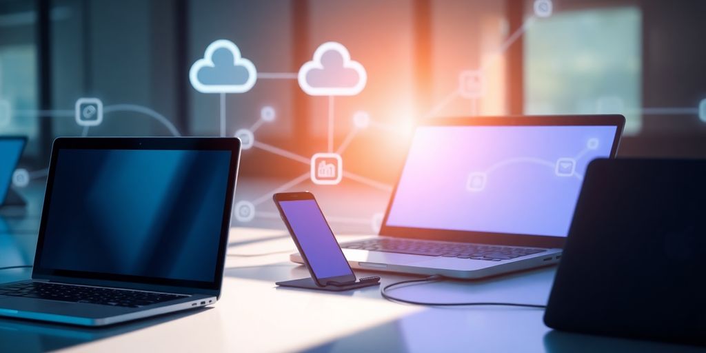 Cloud icon with connected computer devices.