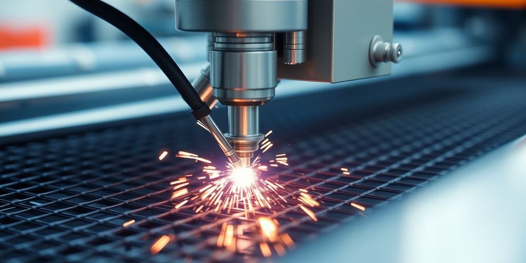 Automated mesh welding machine in action with sparks.
