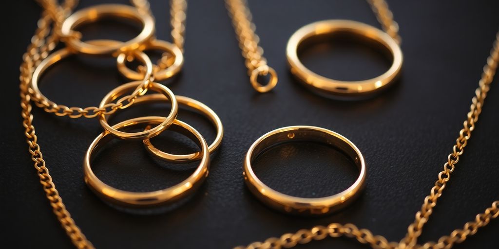 Bijoux en or, bagues et colliers, sur fond sombre.