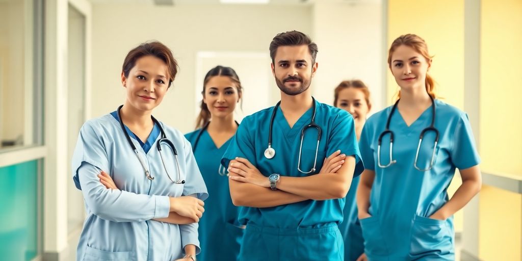 Zeitarbeit in der Pflege: Entlastung für Kliniken und Pflegeheime Pflegekräfte in Uniform mit blauen Akzenten in einem hellen Raum.