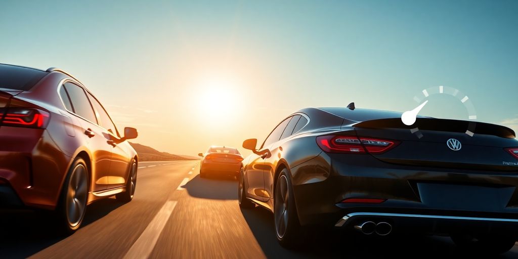 Cars on a road with a fuel gauge.