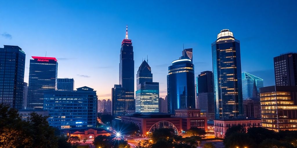 Dusk cityscape of Atlanta with modern buildings and greenery.