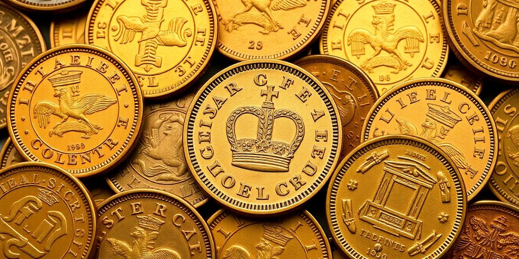 Collection de pièces d'or coloniales françaises.