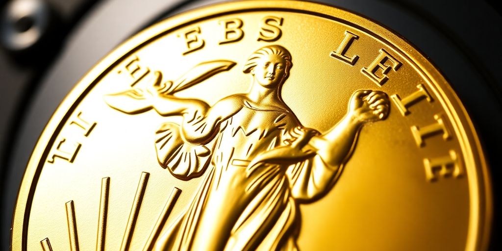 Golden American Eagle coin close-up.