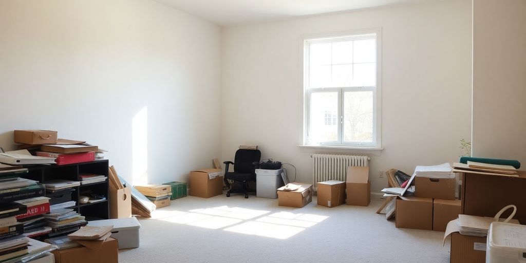 Neatly stacked boxes and furniture removed from a home.