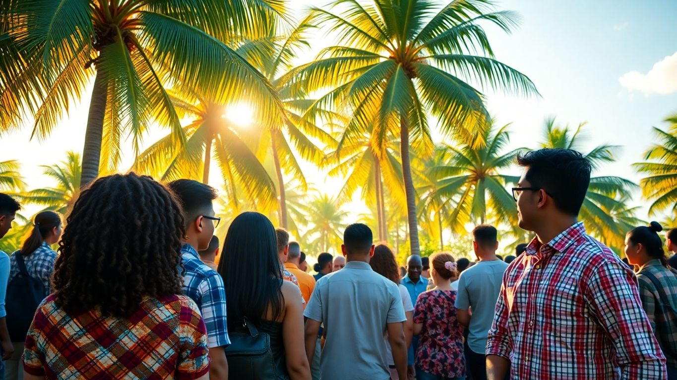 Teams uniting under a single goal with palm trees.