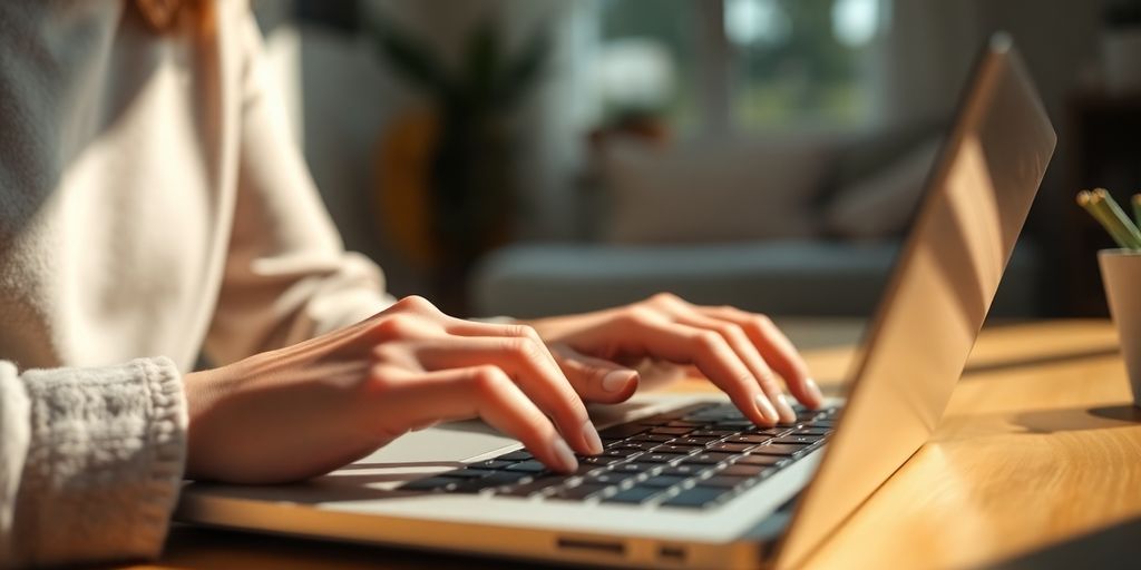 Person typing on laptop in bright, cozy workspace.