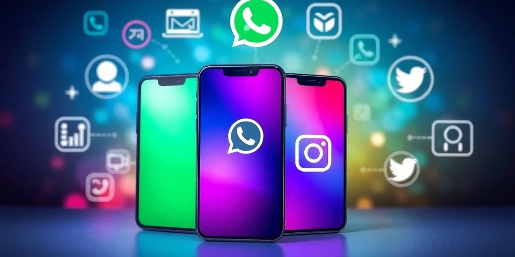 Pametni telefoni sa aplikacijama za poruke i ikone.