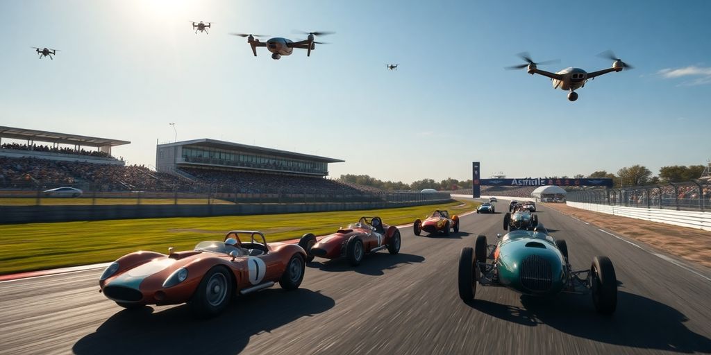 Drones survolant le circuit du Mans.