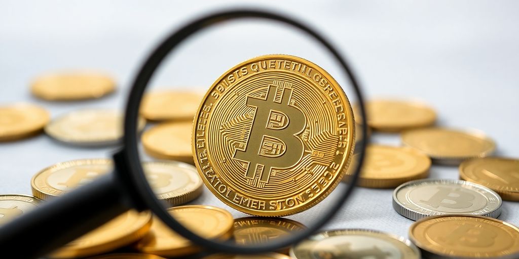 Digital coins with a magnifying glass examining one.