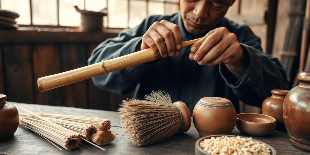 Tang dynasty artisan attaching boar bristles to bamboo toothbrush handle