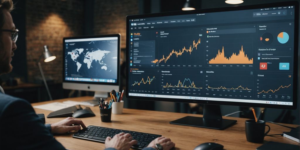 Social media icons with SEO graph and trend lines.