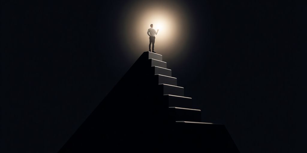 Ascending career ladder with a spotlight on the top step.