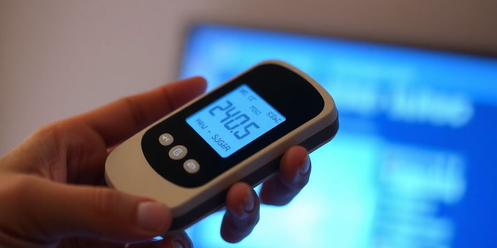 Close-up of a handheld sugar detector with a glowing display.