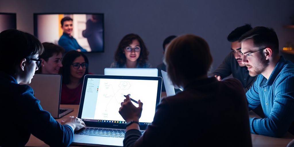 Participants collaborating in a virtual meeting with screens.