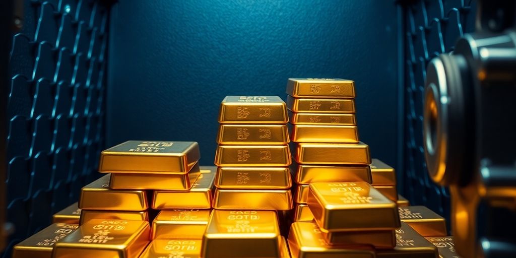 Des barres d'or empilées dans un coffre-fort.
