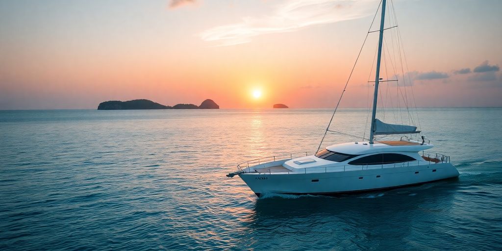 Luxury yacht sails Caribbean turquoise waters at sunset.