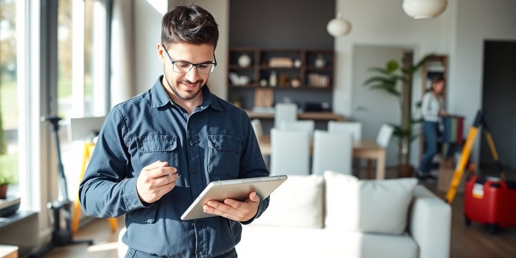 Technician with tablet in a modern home service setting.