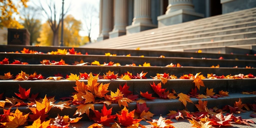 Autumn leaves by courthouse steps.