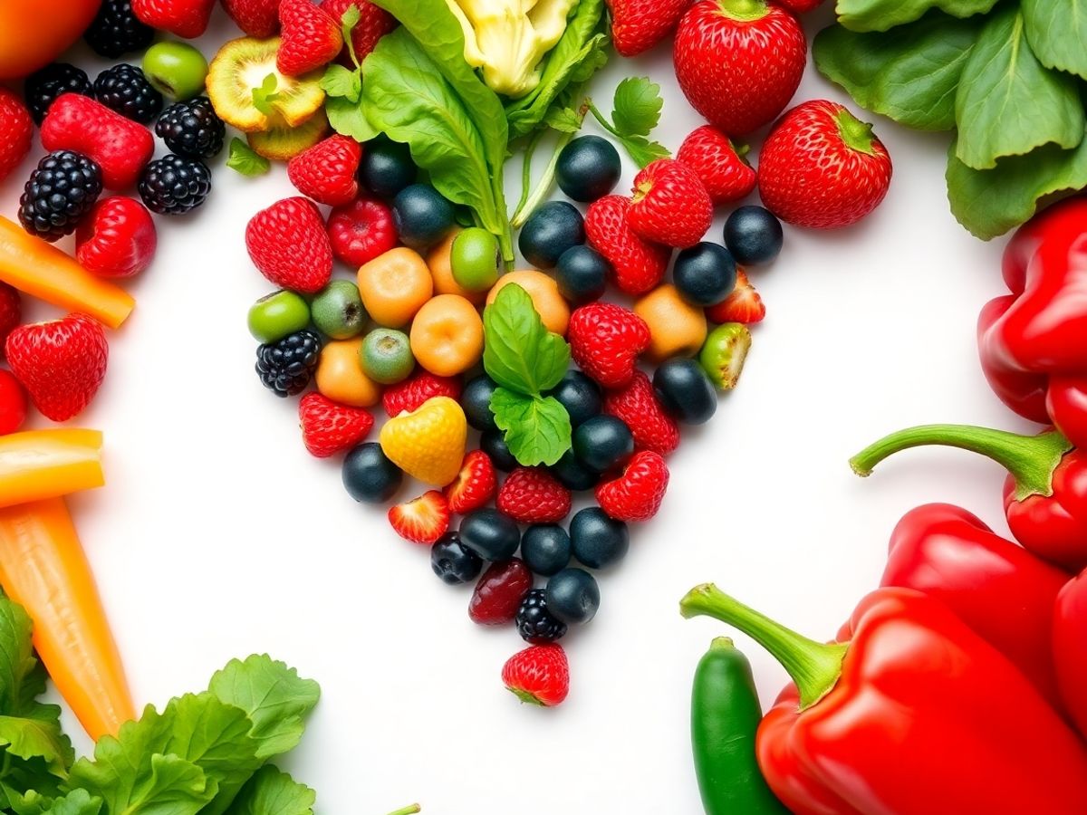 Inimă sănătoasă cu fructe și legume proaspete.