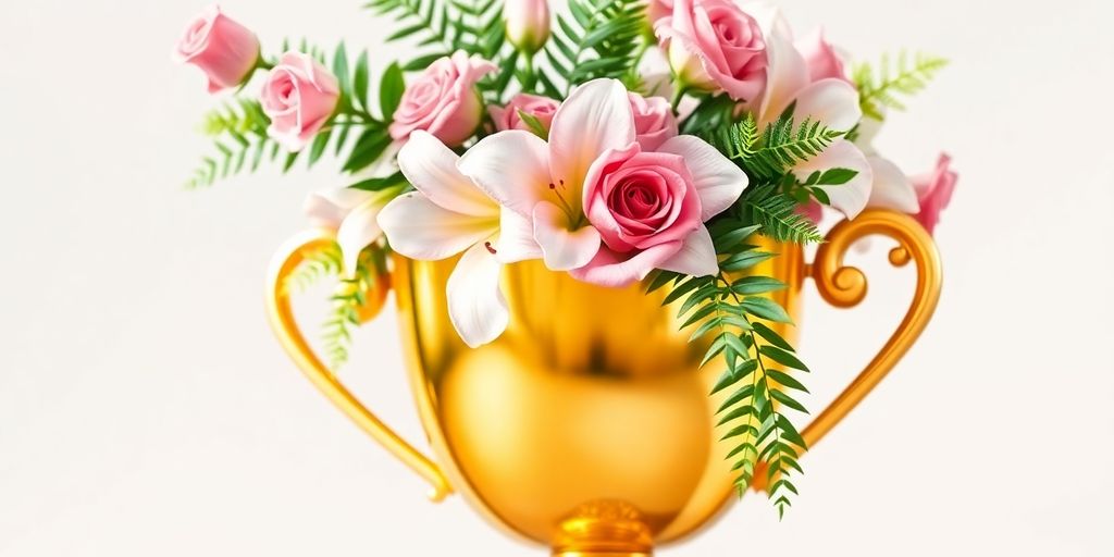 Golden trophy with flowers.