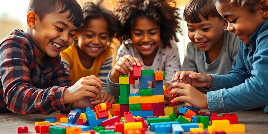 Diverse children happily building with colorful construction blocks together on a floor.