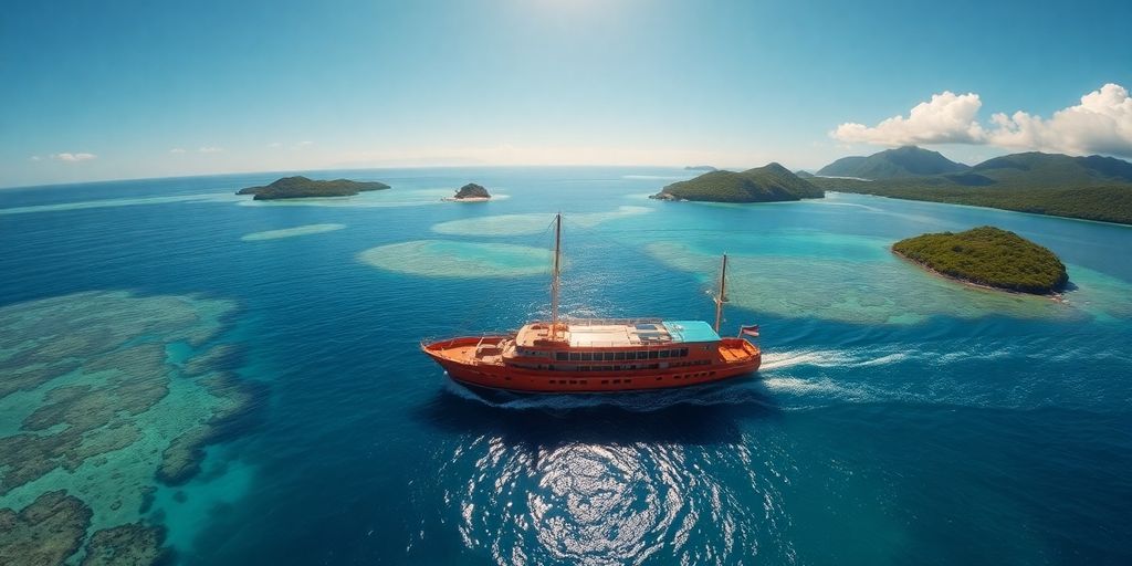 Kleines Schiff navigiert in den türkisfarbenen Gewässern des Südpazifiks.