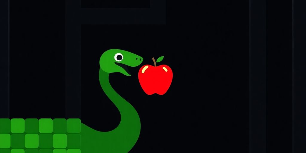 Green snake navigates retro maze, eats red apple