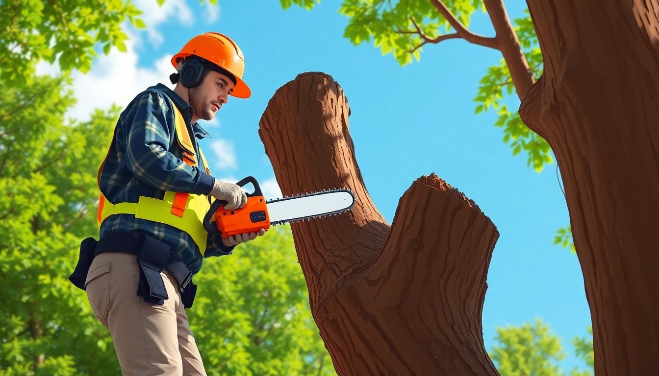Tree surgeon trimming a large tree with chainsaw.