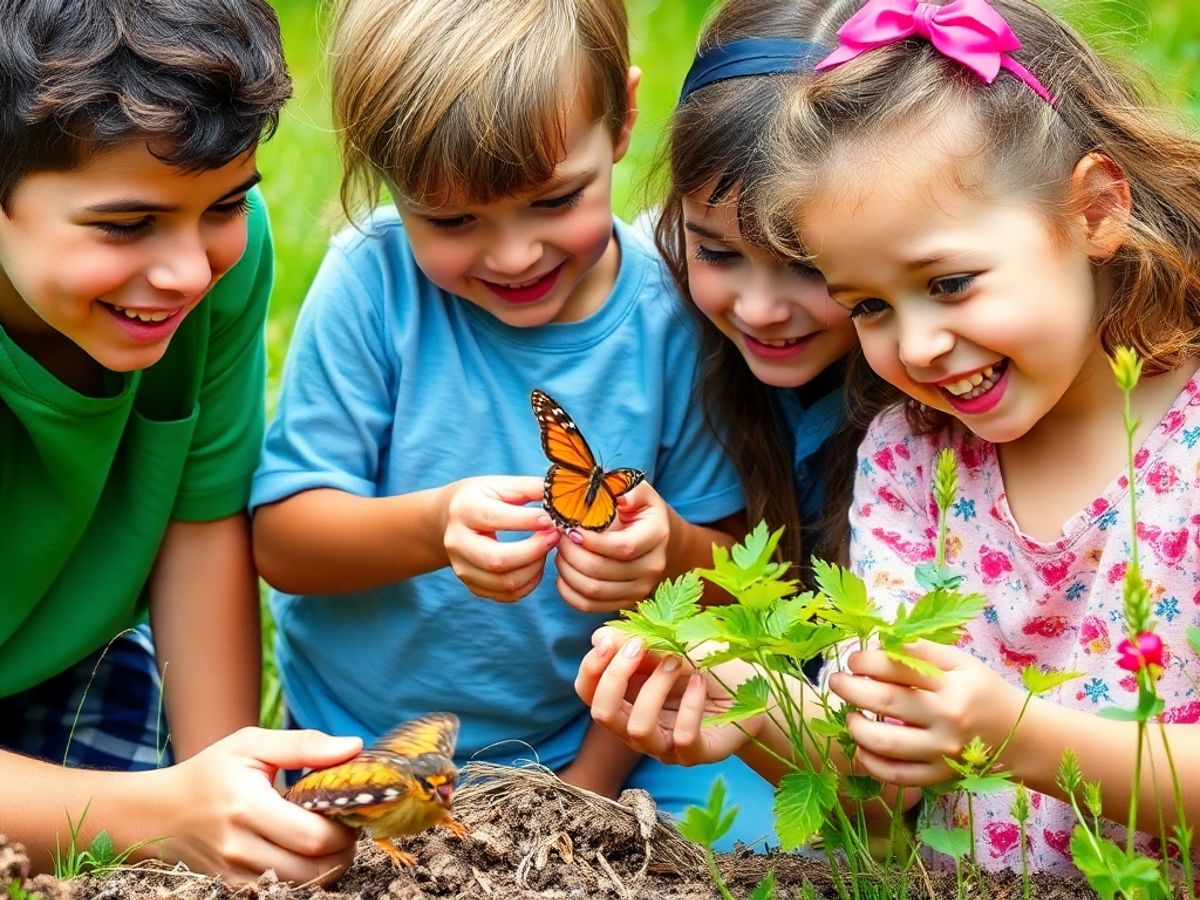 Copii curioși explorând natura și interacționând cu animalele.