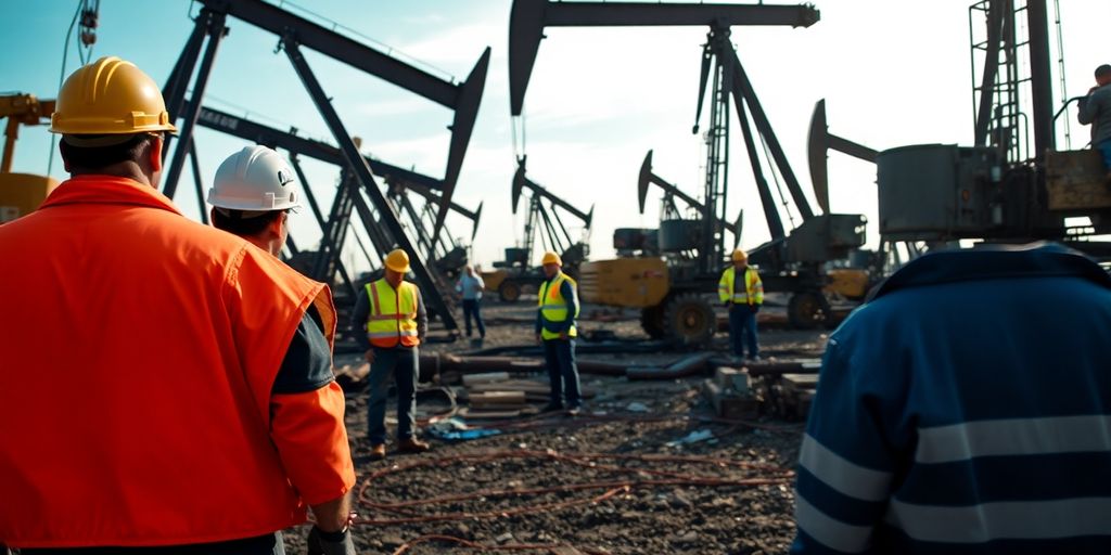 Oilfield workers in safety gear at a work site.