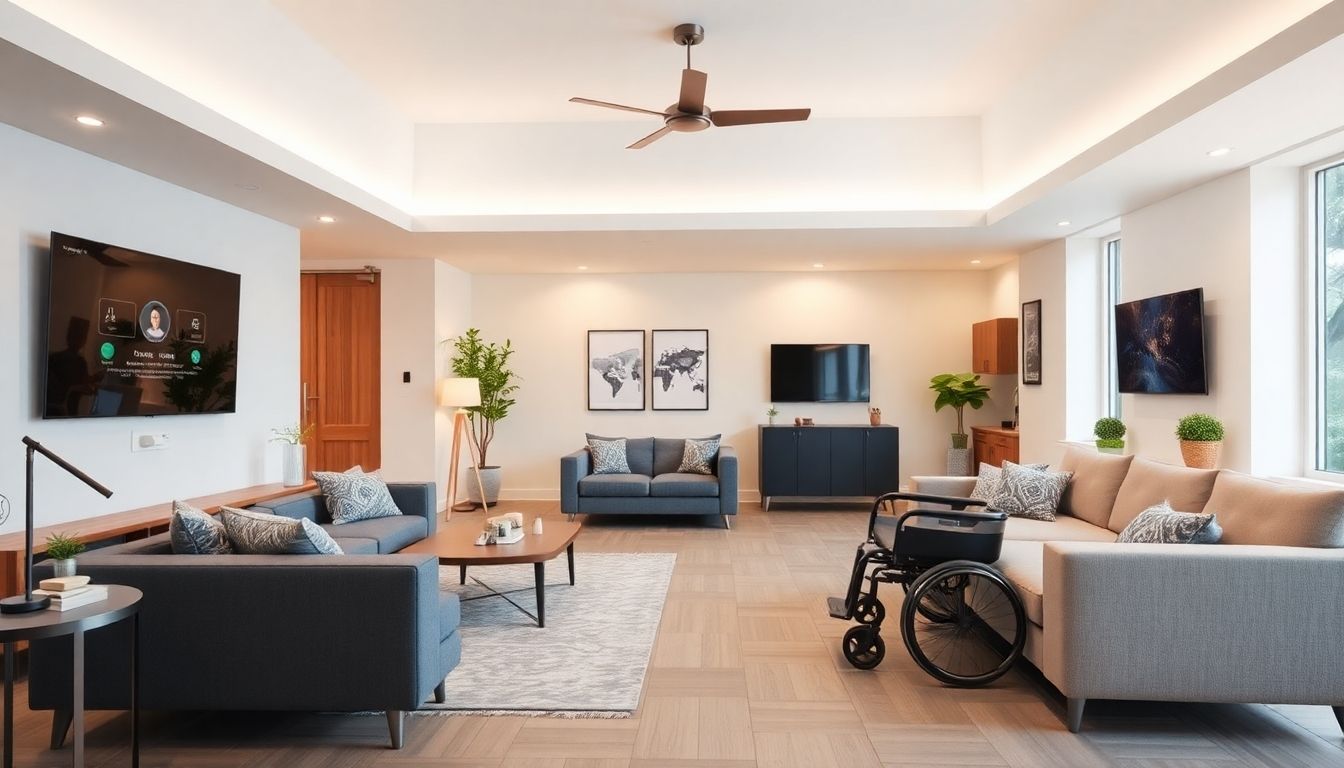 Modern living room with smart devices and accessible furniture.