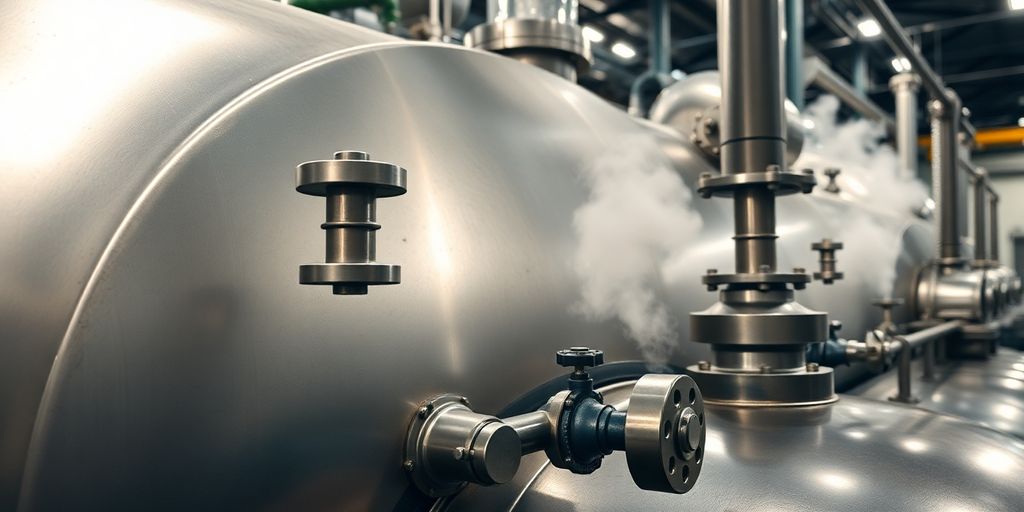 Industrial steam boiler with visible steam in facility.