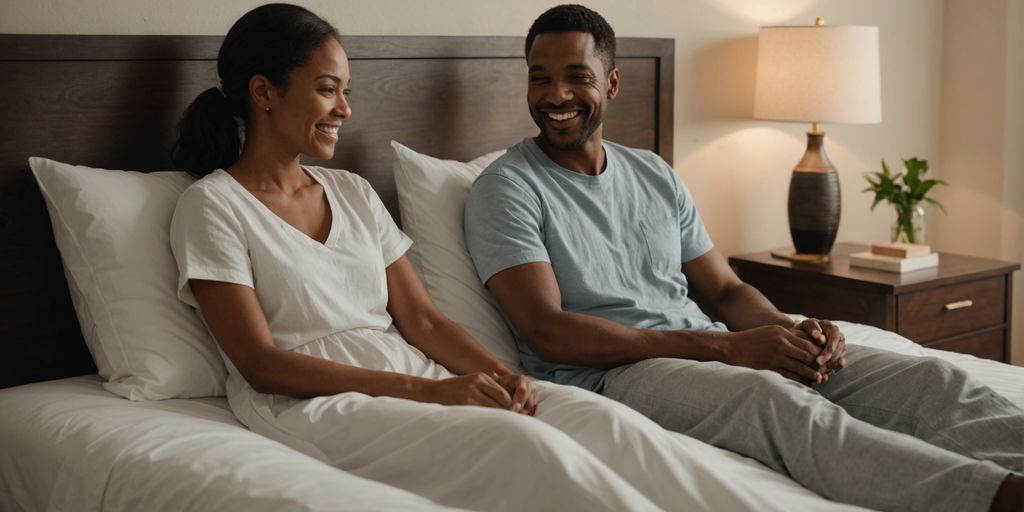 Couple sitting on bed, holding hands.