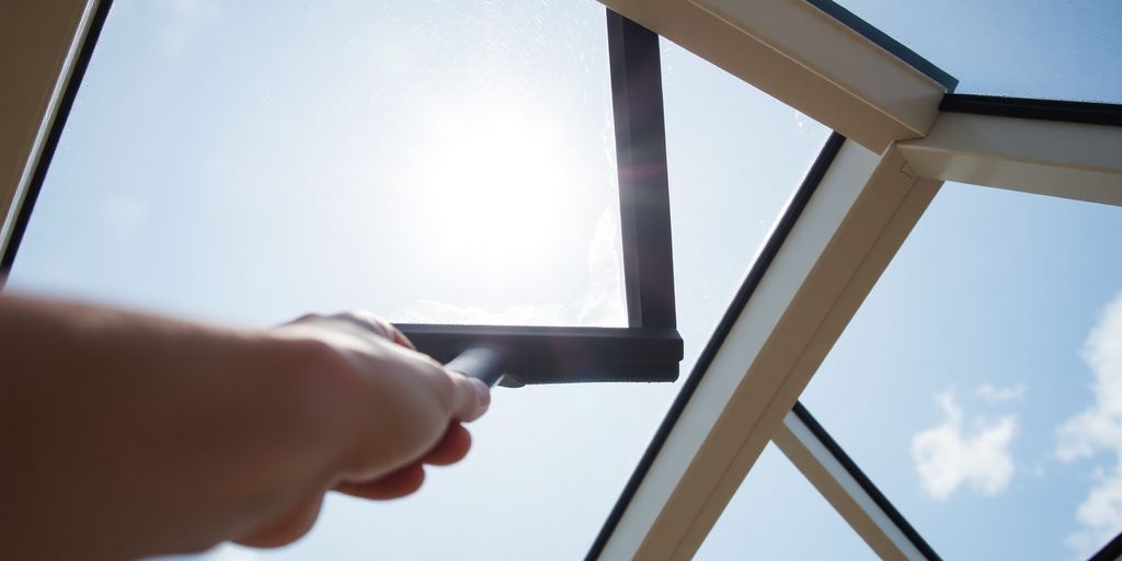 Man using squeegee on roof lantern.