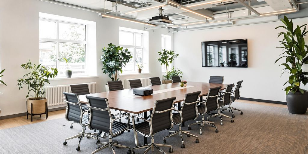 Modern meeting room with large table and sunlight.