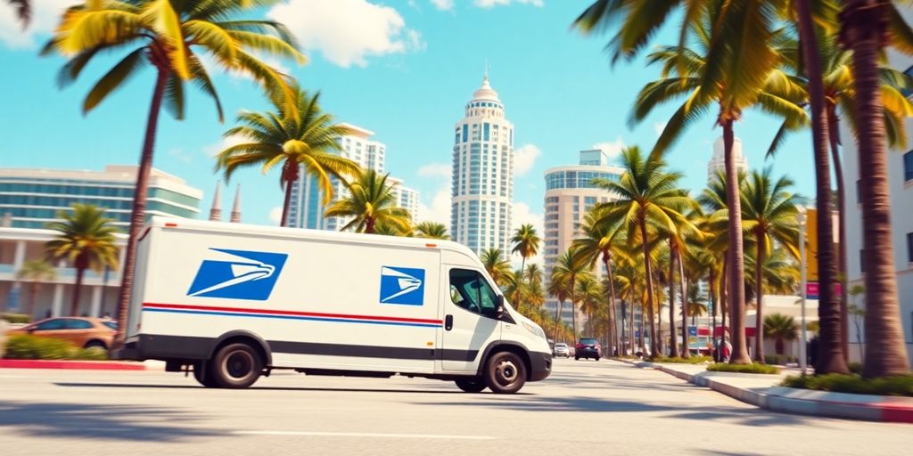 Aventura skyline, palm trees, and postal truck.